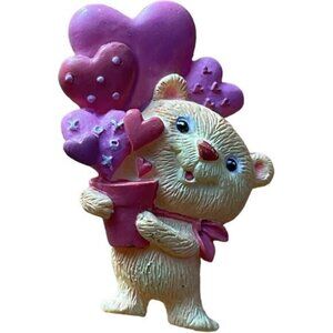 Vintage Bear Holding Heart Bouquet Brooch Pin Made In USA Valentines Day Gift Id